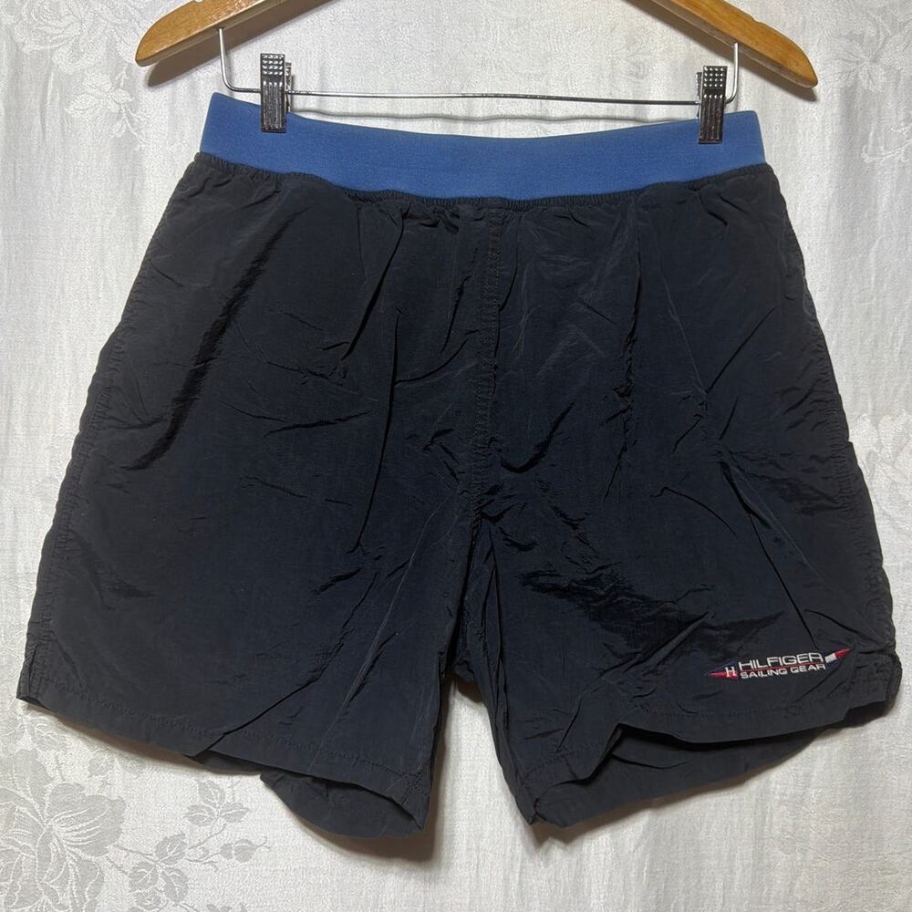 Tommy Hilfiger Swim Trunks Medium Black Blue Sailing Gear Mesh Lined VTG 90s